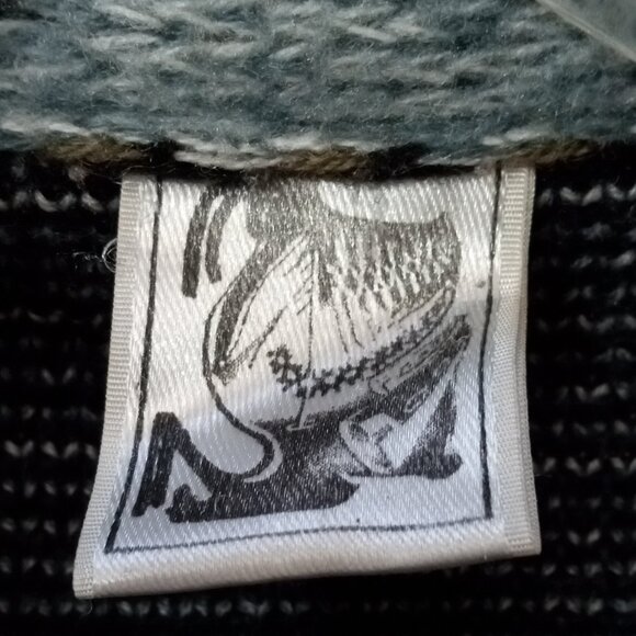 Vintage Yarina Wool Sweater Cardigan Womens Large Blue Howling Wolves Drawstring - Picture 5 of 7